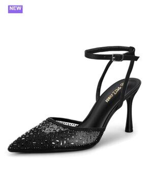 Rhinestone Mesh Stiletto Heels Ankle Strap Dress Pumps